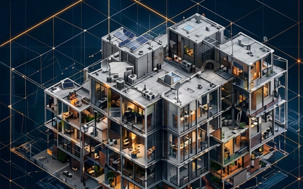 Isometric BIM model of a multi-storey building on a digital grid