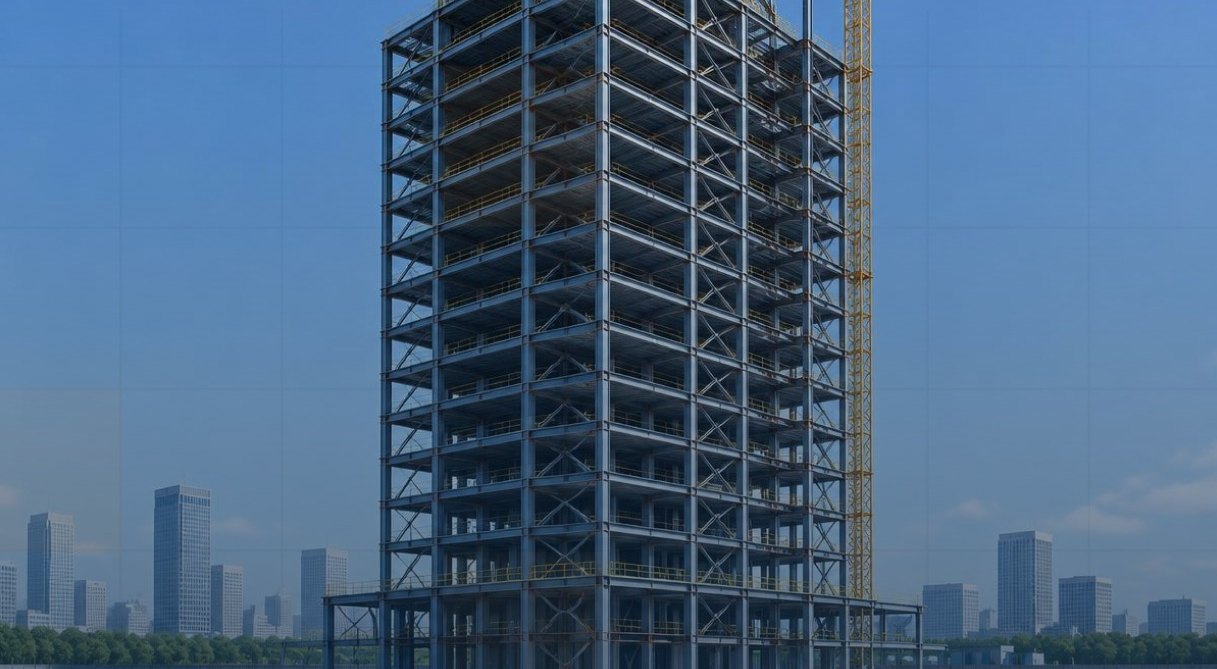 Steel tower structure under construction