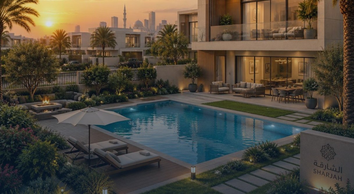 Residential villa with pool at sunset