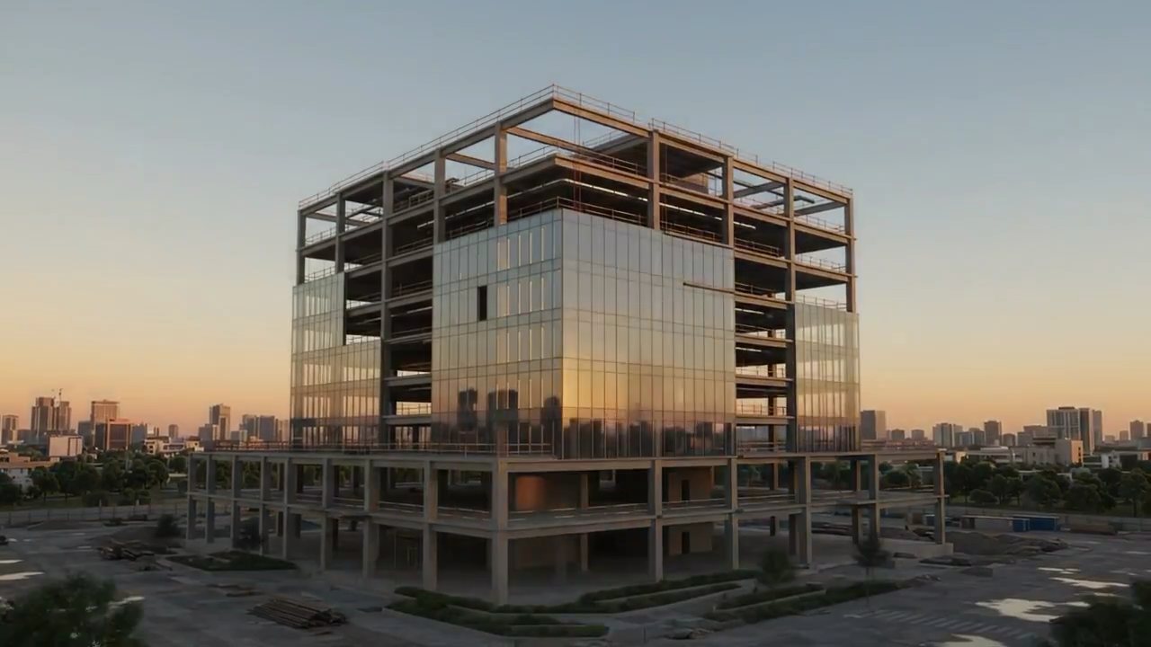 Glazed building at sunset
