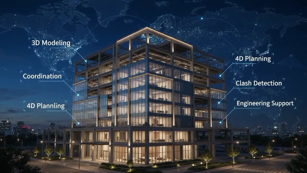Completed building at night with BIM labels