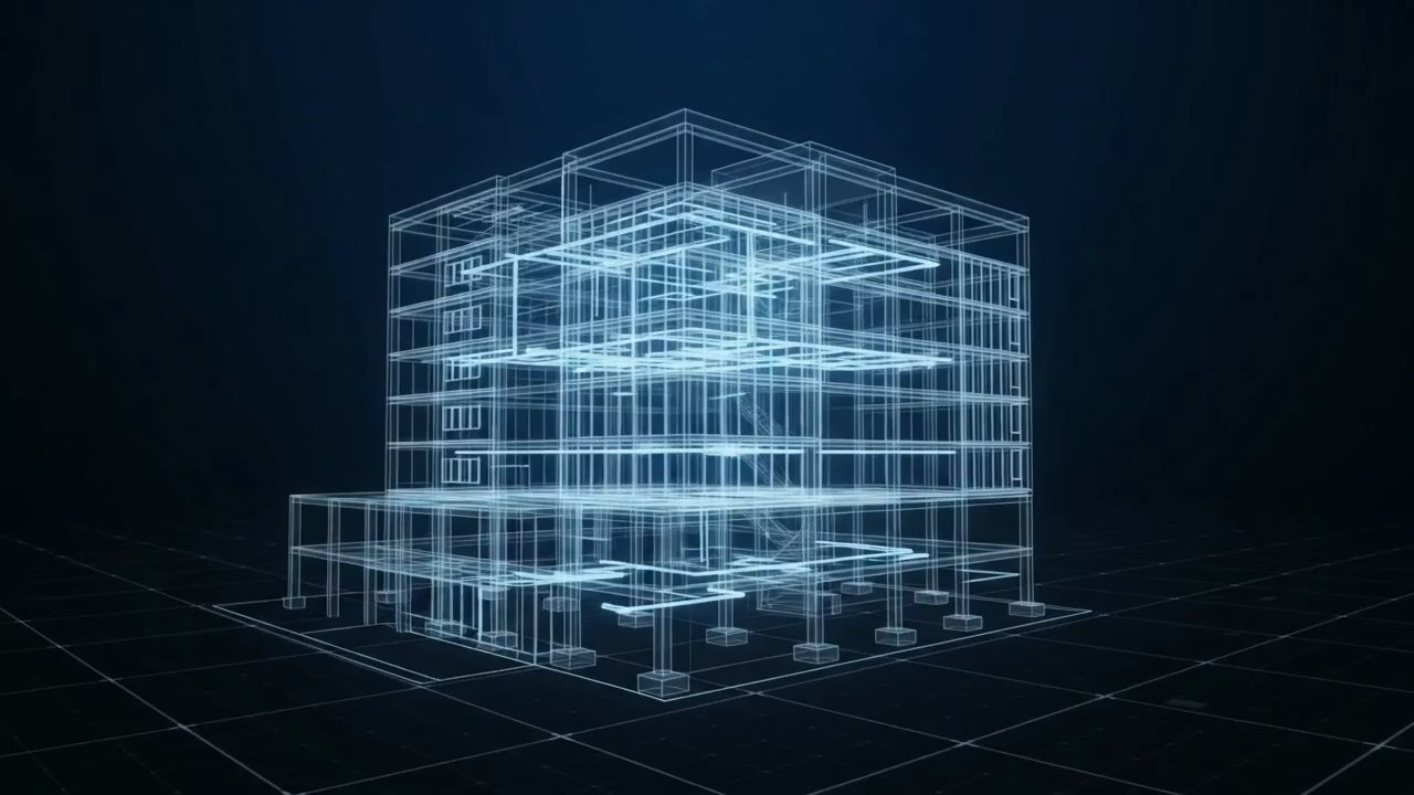 Wireframe BIM model of a building